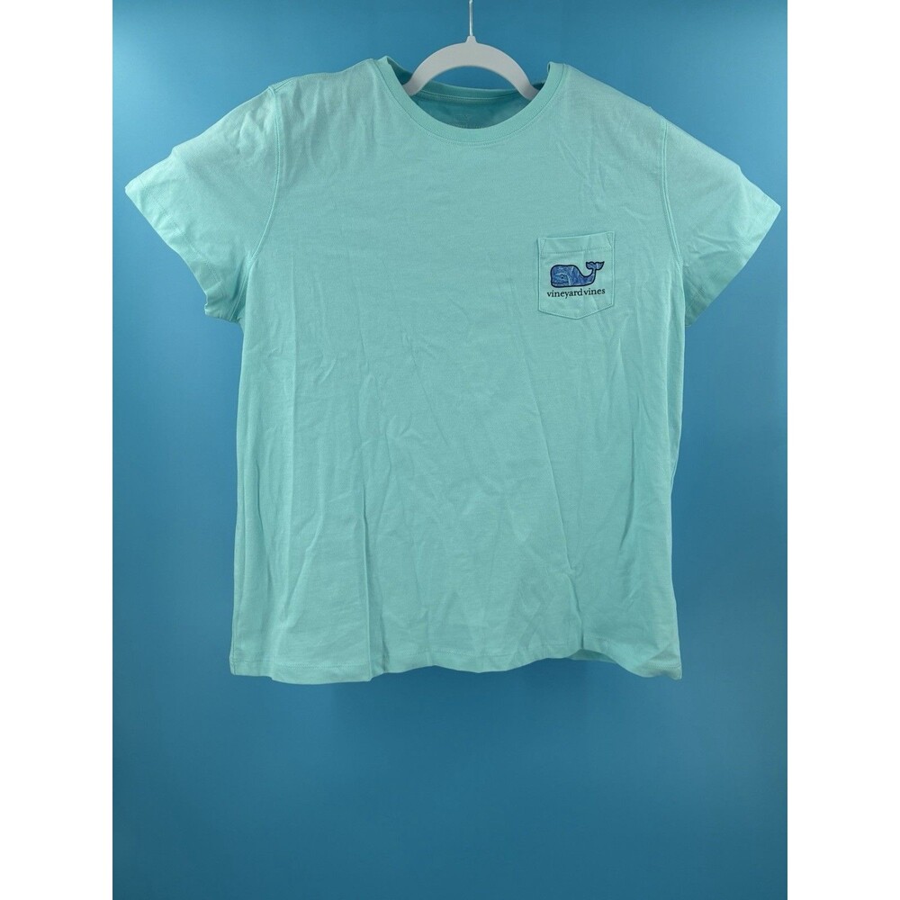 Vineyard Vines Womens XL Tropical Palm Whale Pocket T Shirt Aqua Blue